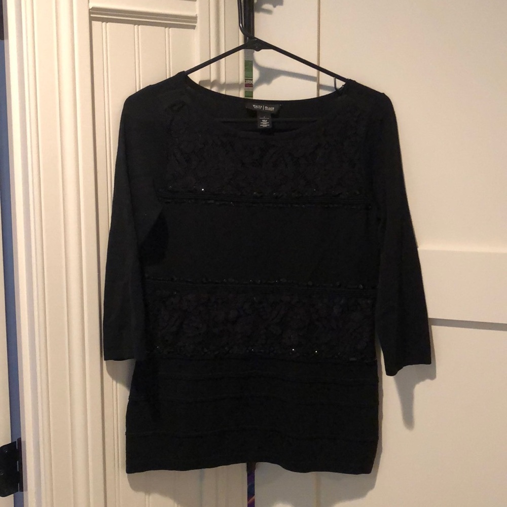 Black sweater with lace and rhinestone detail